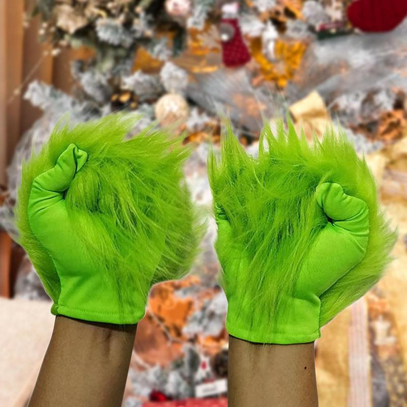 Christmas  Gloves Green Monster Costume Gloves, Christmas Funny Fuzzy Gloves Furry Santa Adult Men Women Decoration