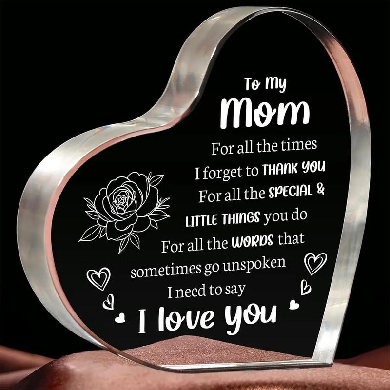 Heart Shaped Acrylic Block, 1 Count Letter & Rose Pattern Ornament for Home Table Shelf Decor, Creative Small Gift for Mom Dad Friend Girlfriend