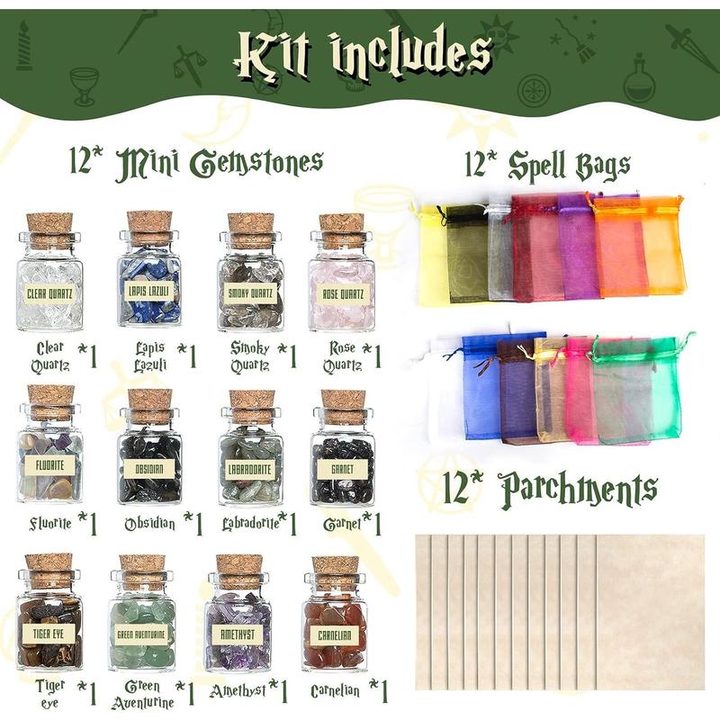 Starter Kit,  Supplies for  Altar- 63 Pack of Crystals Dried , Colored Magic Candles, Charm Bags and Ritual Witches Salt for Spells,  Witches