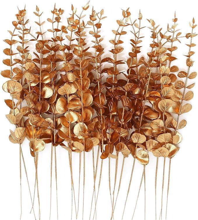 24pcs Artificial Gold Eucalyptus Stems Decor 14 Inch Faux Eucalyptus Branches for Vase Fake Eucalyptus Leaves for Wedding Centerpiece Flower Floral Arrangement Farmhouse Home Decoration Decorative Fruit