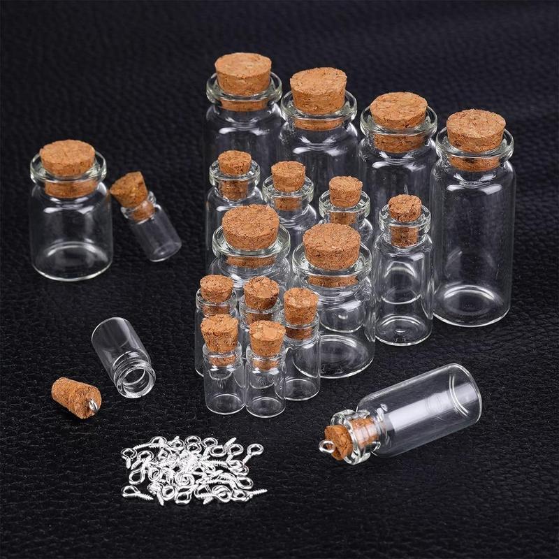 (Fragile items) 45countMini Glass Bottles, Storage Bottles with 50countEye Screws and 3countFunnels Clear Small Wishing Jars with Cork Stoppers Small Cork Glass Bottles for DIY Crafts Party Home (0.5ml, 1ml, 3ml, 5ml, 10 ml)