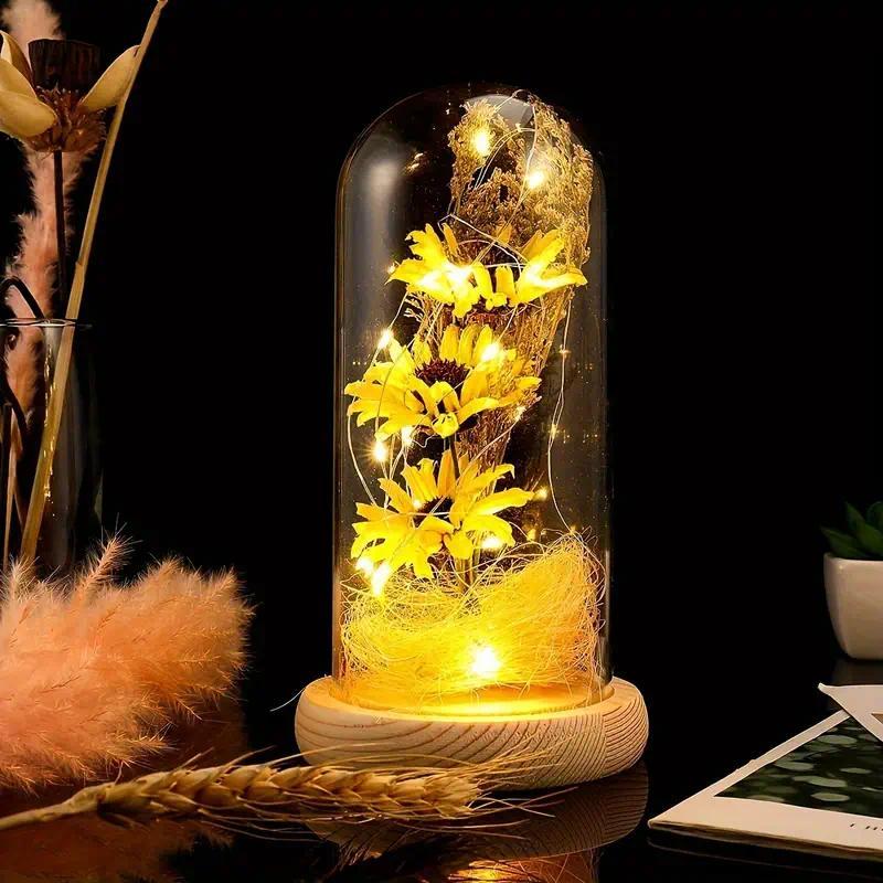 Sunflower Gifts for Women, Artificial Sunflowers in Glass Dome with LED Strip, Sunflower Decor on Mother's Day, Valentine's Day, Decorative Fruit