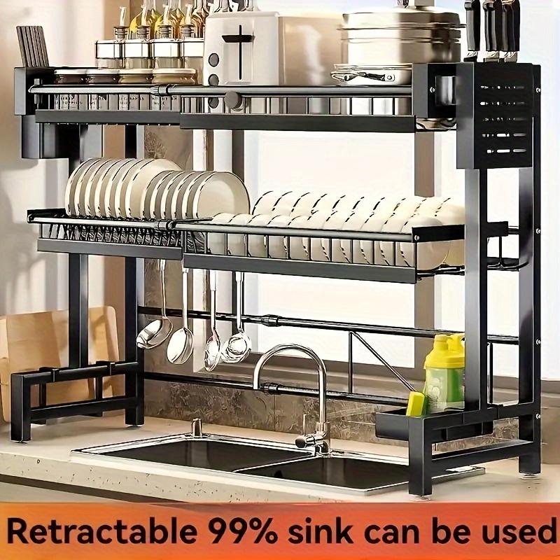 1pc Expandable Black Kitchen Sink Dish Rack with Drainage, Countertop Dish Drying Organizer for Kitchen Storage