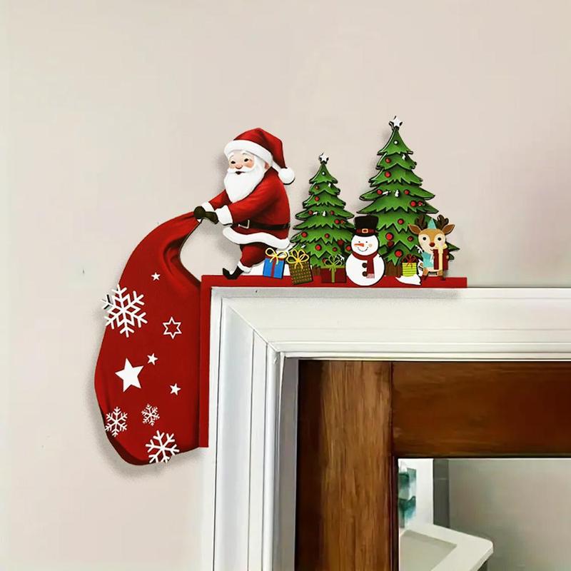 Santa Claus & Reindeer & Christmas Tree Design Door Corner Sign, 1 Count Wooden Door Decorative Ornament, Home Decor for Living Room, Bedroom, Office