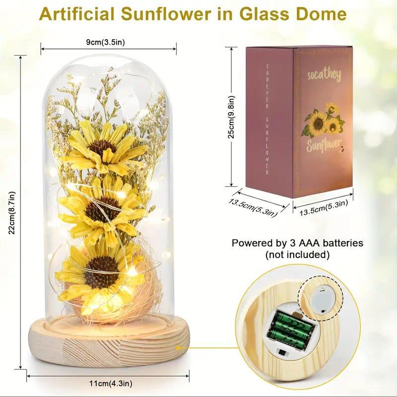 Sunflower Gifts for Women, Artificial Sunflowers in Glass Dome with LED Strip, Sunflower Decor on Mother's Day, Valentine's Day, Decorative Fruit