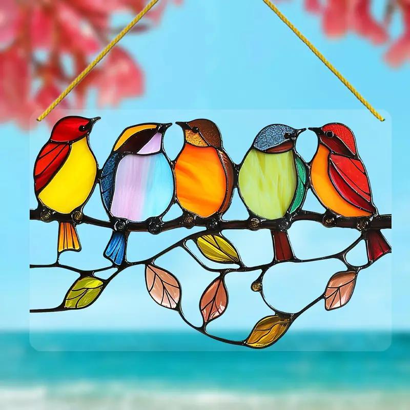 Bird Pattern Stained Glass Hanging Decor, 1 Count Colorful Bird Acrylic Hanging Ornament, Spring Hanging Decor for Home Garden Yard Balcony