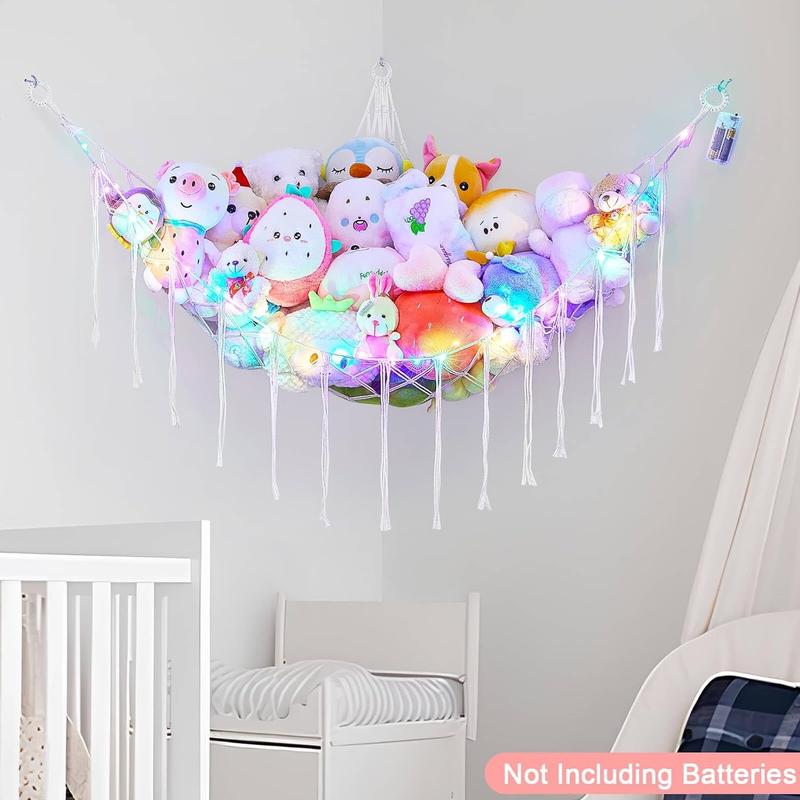 Stuffed Animals Net or Hammock with LED Light, Hanging Stuffed Animals Storage  Hammock Net Corner Wall Girls Room Decor  Storage Organizer (White)