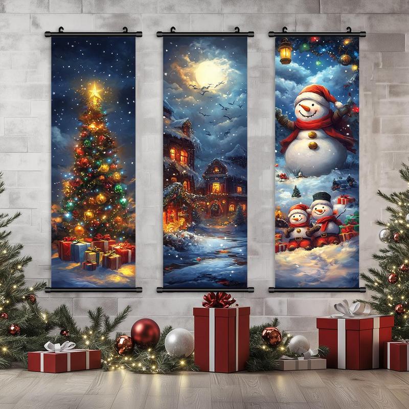 Christmas Themed Wall Banner, 3 Counts set Snowman & Tree & Town Pattern Wall Decor, Wall Art for Home Living Room Bedroom Office School