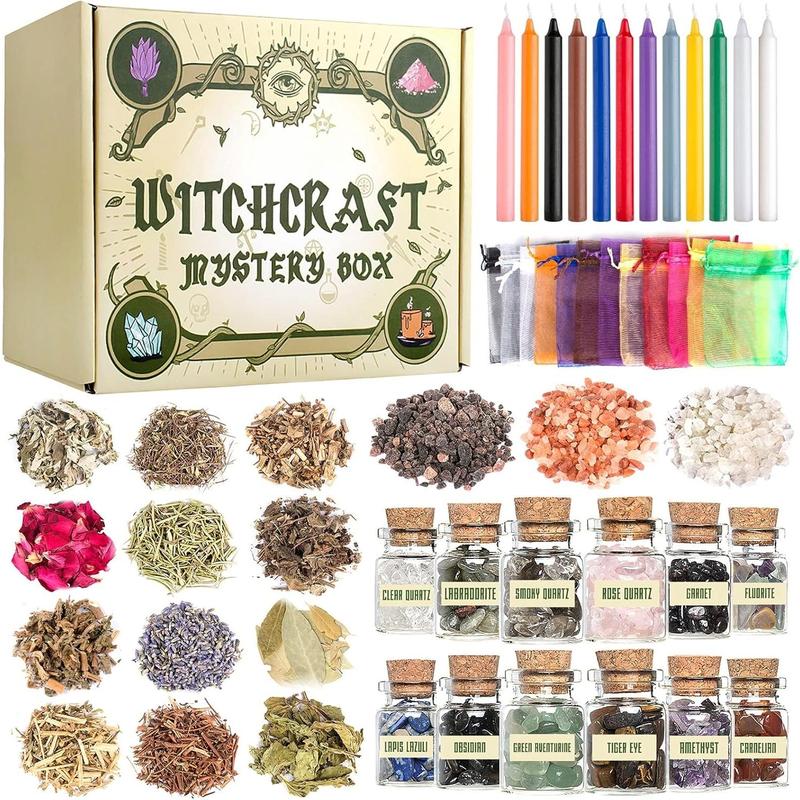 Starter Kit,  Supplies for  Altar- 63 Pack of Crystals Dried , Colored Magic Candles, Charm Bags and Ritual Witches Salt for Spells,  Witches