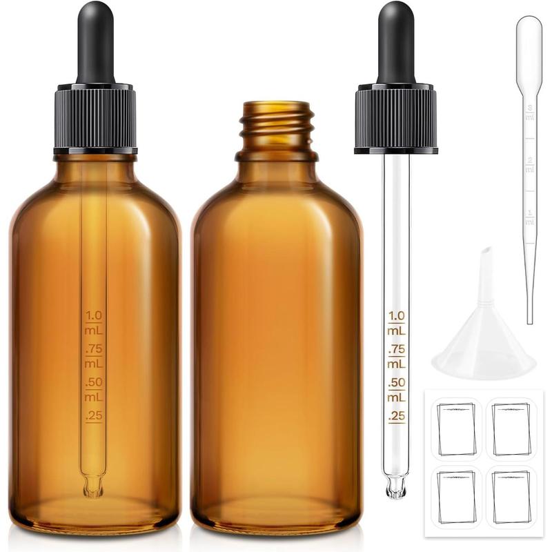 2 Pack, 100ml Dark  Dropper Bottle with Measured Dropper - 3.4 oz Brown Glass Tincture Bottles with 1 Funnel & 1 Pipette & 4 Labels, Leakproof Eye Dropper for Oils, Liquids