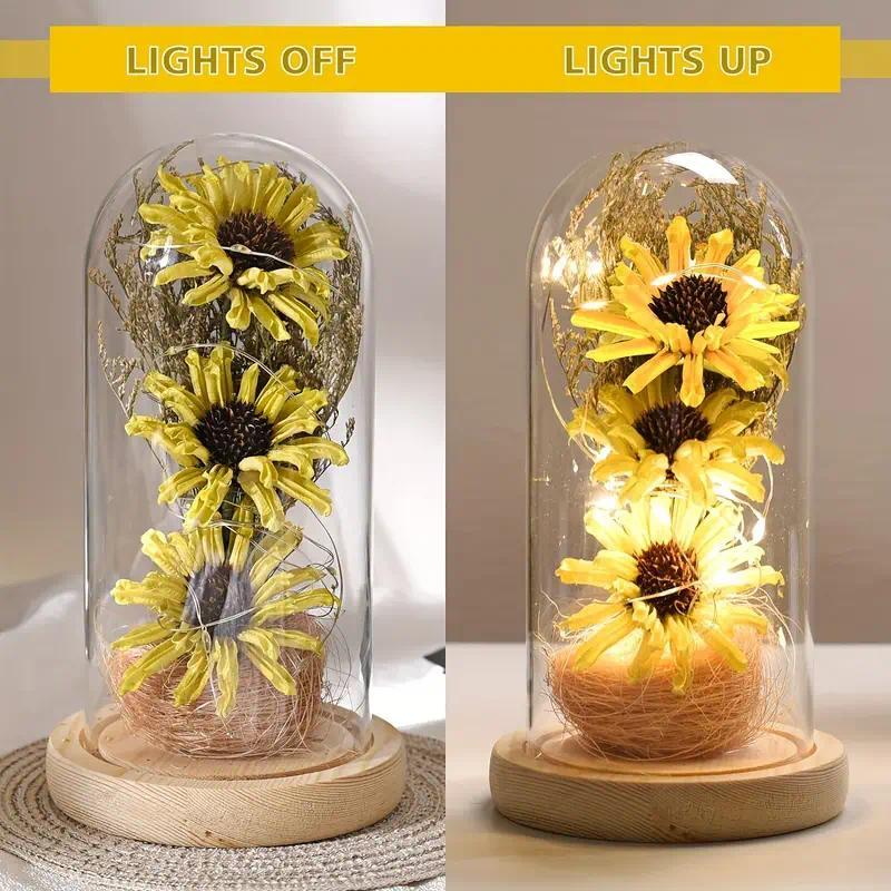 Sunflower Gifts for Women, Artificial Sunflowers in Glass Dome with LED Strip, Sunflower Decor on Mother's Day, Valentine's Day, Decorative Fruit