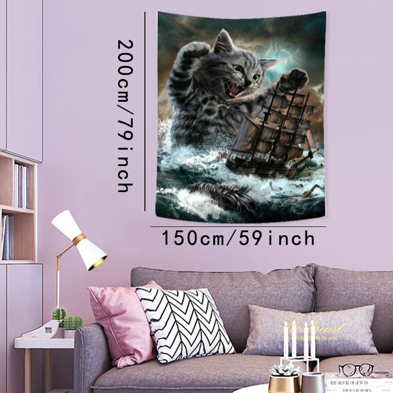 Cat & Ship Pattern Tapestry, 1 Count Wall Hanging Decor, Wall Art for Home Living Room Bedroom Office, Home Decor Accessories, Gift for Friend