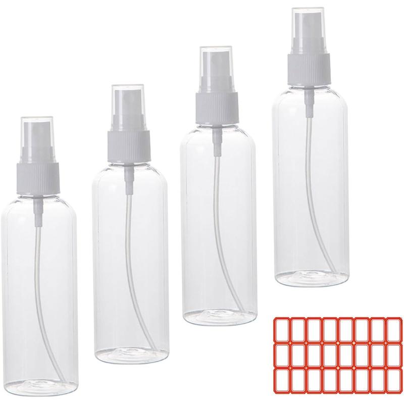 Small Spray Bottle, 4 Pack 100ml 3.5 oz Travel Spray Bottle Clear Plastic Refillable Empty Fine Mist Spray Bottle with 24pcs Labels for Travel