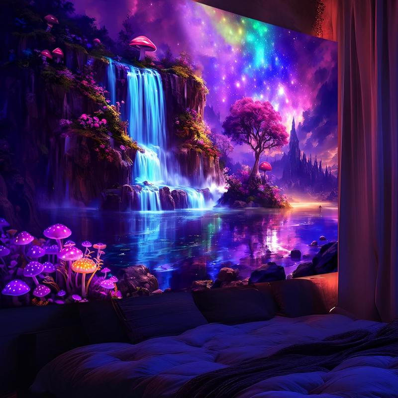 Fantasy Galaxy Waterfall Tapestry - Blacklight Wonderland Tree Mushroom UV Reactive Wall Tapestries Hanging for Bedroom & Living Room - 51