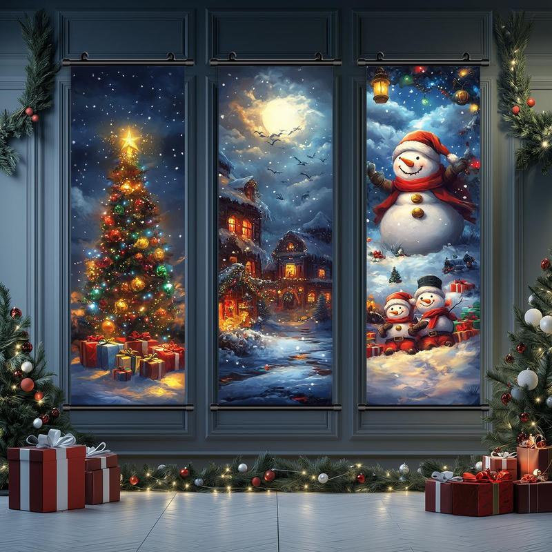 Christmas Themed Wall Banner, 3 Counts set Snowman & Tree & Town Pattern Wall Decor, Wall Art for Home Living Room Bedroom Office School