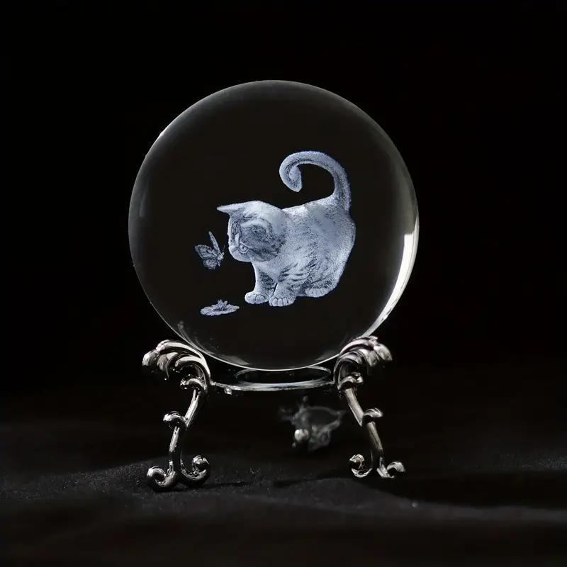 Cat & Butterfly Pattern Crystal Ball with Stand, 3D Laser Carved Cat & Butterfly Statue Crystal Glass Ball, Desktop Decoration, Gift for Cat Lovers