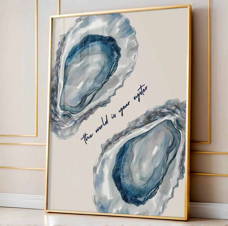 Aesthetic Coastal Beachy Wall Art - Blue Oyster Print - Light Blue Preppy Decor for College Dorms Artistic Photo