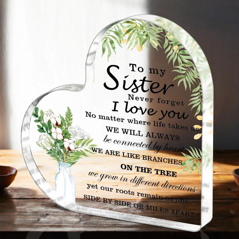 Heart Shaped Acrylic Plaque, 1 Count Letter Pattern Desktop Ornament, Birthday Gift, Home Decor, Ideal for Sisters, and Girls