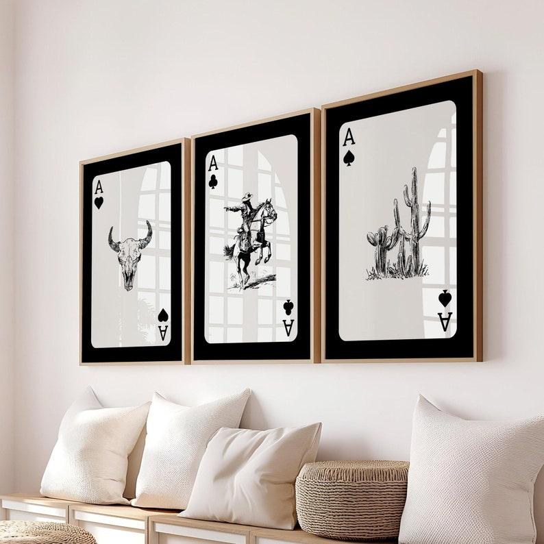 Western Wall Art, Set of 3 with Cowboy Image, Inspired by Southwestern Playing Cards, Trendy Western Art Decor, Longhorn Cow Skull Artistic Poster