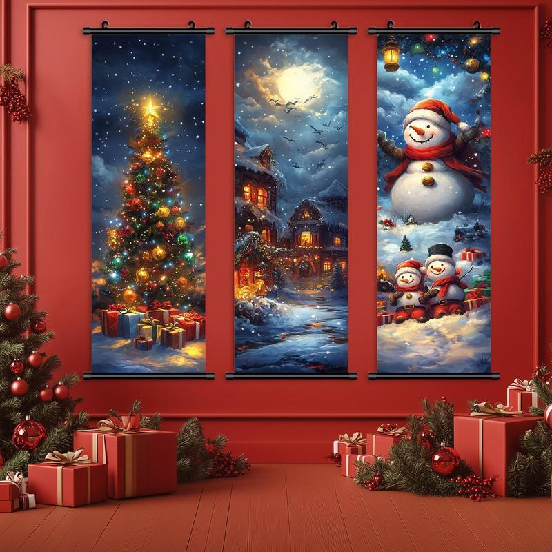 Christmas Themed Wall Banner, 3 Counts set Snowman & Tree & Town Pattern Wall Decor, Wall Art for Home Living Room Bedroom Office School