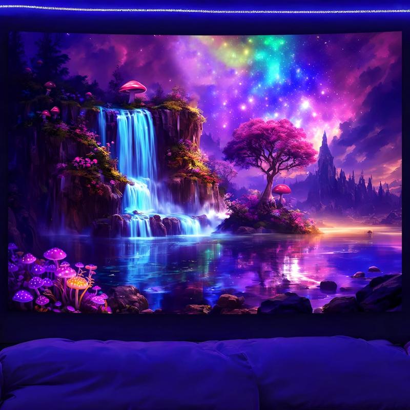 Fantasy Galaxy Waterfall Tapestry - Blacklight Wonderland Tree Mushroom UV Reactive Wall Tapestries Hanging for Bedroom & Living Room - 51