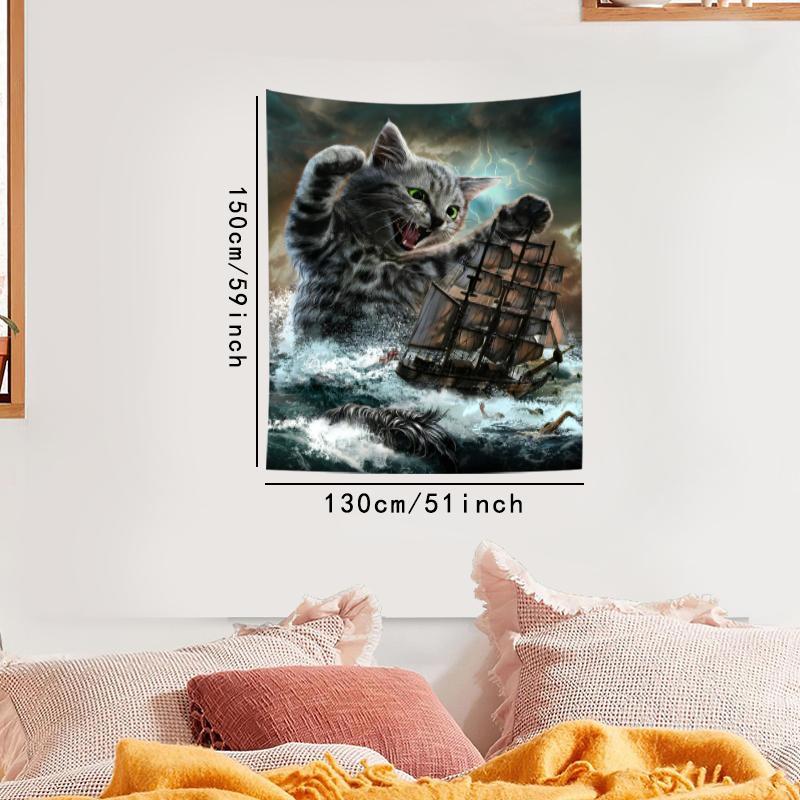 Cat & Ship Pattern Tapestry, 1 Count Wall Hanging Decor, Wall Art for Home Living Room Bedroom Office, Home Decor Accessories, Gift for Friend