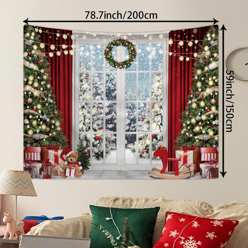 Christmas Tree Pattern Tapestry, 1 Count Winter Snow Scenery Tapestry, Happy New Year Photo Background Poster, Wall Hanging Decor for Home