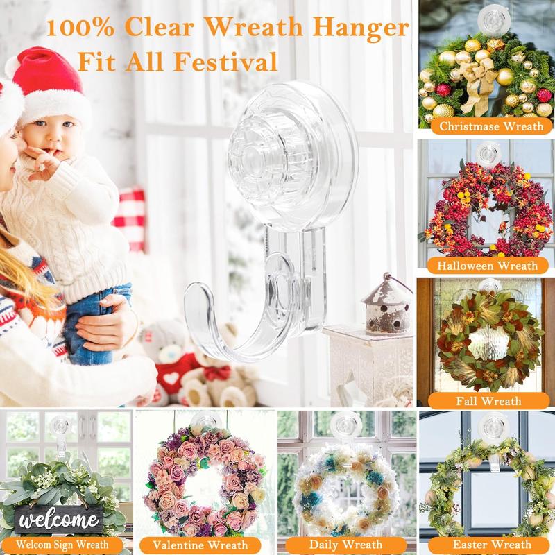 Clear Front Door Wreath Hook, 2 Counts 4 Count Detachable Suction Cup Wreath Hanger, Home Decor for Window Glass Door