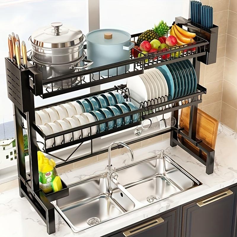 1pc Expandable Black Kitchen Sink Dish Rack with Drainage, Countertop Dish Drying Organizer for Kitchen Storage