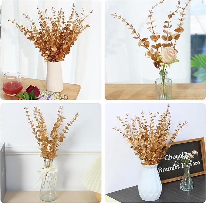 24pcs Artificial Gold Eucalyptus Stems Decor 14 Inch Faux Eucalyptus Branches for Vase Fake Eucalyptus Leaves for Wedding Centerpiece Flower Floral Arrangement Farmhouse Home Decoration Decorative Fruit