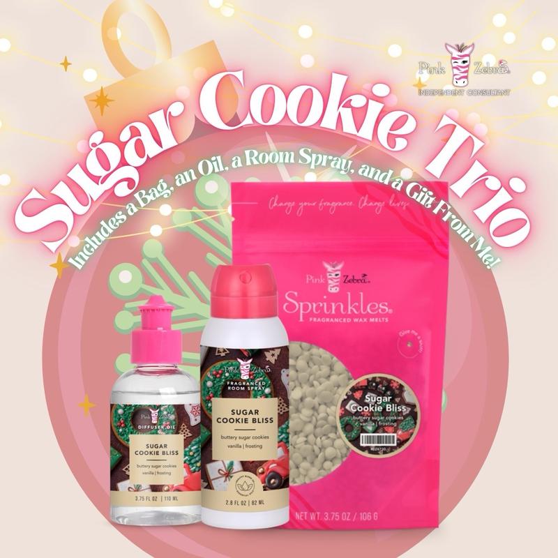 Sugar Cookie Bliss Christmas Gift Bag - Pink Zebra Sprinkles Scented Wax Melts- 3.75oz of Sprinkles and Diffuser Oil and 2.8oz Room Spray - Non-Toxic Home Fragrance - Air Freshener For Wax Warmers