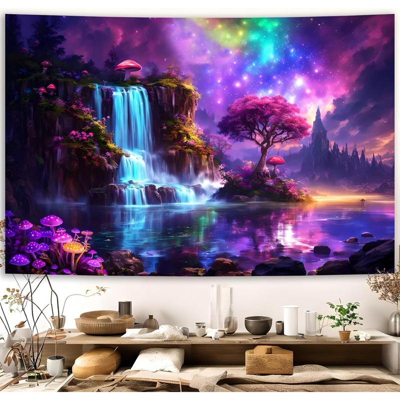 Fantasy Galaxy Waterfall Tapestry - Blacklight Wonderland Tree Mushroom UV Reactive Wall Tapestries Hanging for Bedroom & Living Room - 51