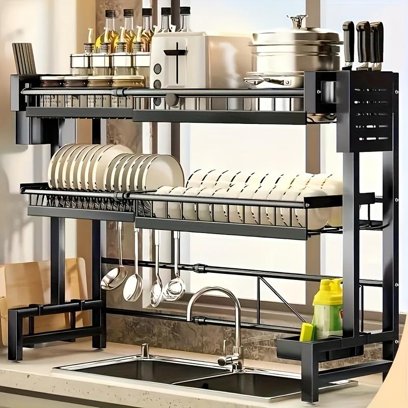 1pc Expandable Black Kitchen Sink Dish Rack with Drainage, Countertop Dish Drying Organizer for Kitchen Storage