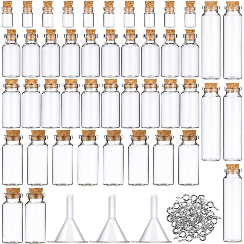 (Fragile items) 45countMini Glass Bottles, Storage Bottles with 50countEye Screws and 3countFunnels Clear Small Wishing Jars with Cork Stoppers Small Cork Glass Bottles for DIY Crafts Party Home (0.5ml, 1ml, 3ml, 5ml, 10 ml)