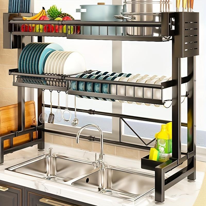 1pc Expandable Black Kitchen Sink Dish Rack with Drainage, Countertop Dish Drying Organizer for Kitchen Storage