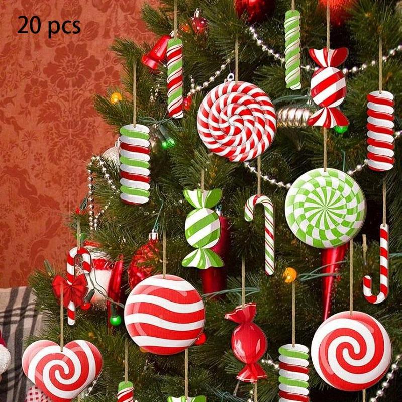 Candy Design Wooden Hanging Ornament (With Rope), 20pcs set Colorful Candy Cane Tree Decor, Holiday Party Decoration Supplies for Home Garden Party