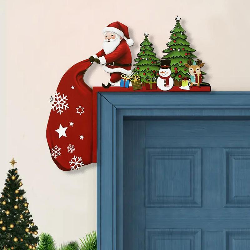 Santa Claus & Reindeer & Christmas Tree Design Door Corner Sign, 1 Count Wooden Door Decorative Ornament, Home Decor for Living Room, Bedroom, Office