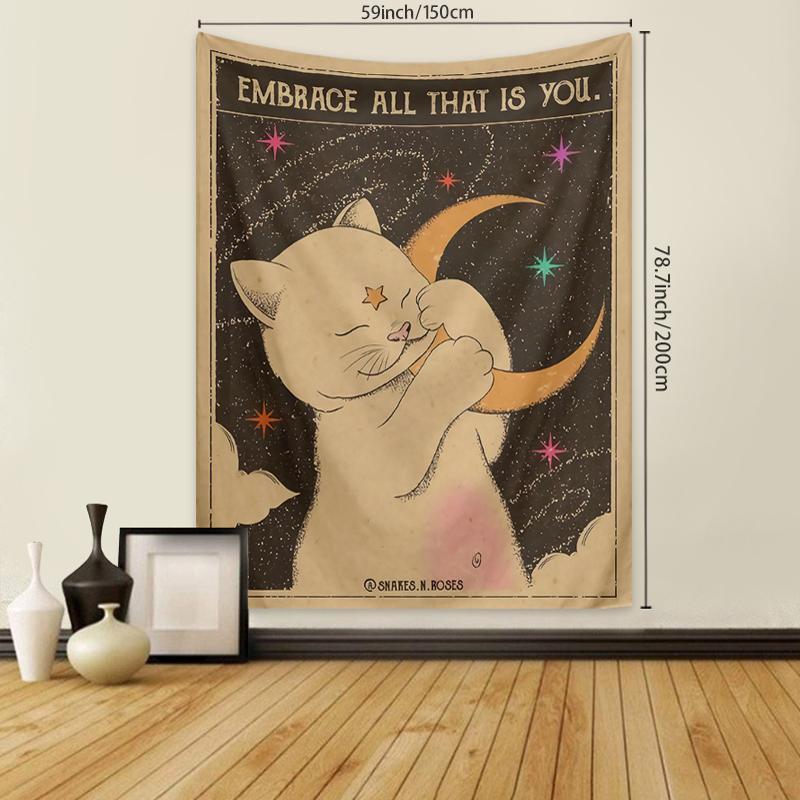 Cute Cartoon Cat Holding Moon Pattern Tapestry, 1 Count Colorful Wall Hanging Tapestry, Wall Art Decor for Home Living Room Bedroom