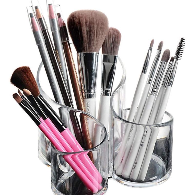 Clear Makeup Brush Holder Organizer, Large Wavy 3 Compartment Acrylic Multi-Purpose Cosmetics Brushes Storage Solution for Eyeliner Pencil and Tall Beauty Tools (Gift-Ready)