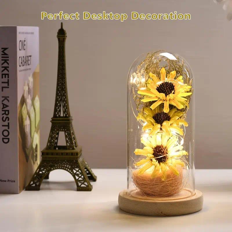 Sunflower Gifts for Women, Artificial Sunflowers in Glass Dome with LED Strip, Sunflower Decor on Mother's Day, Valentine's Day, Decorative Fruit