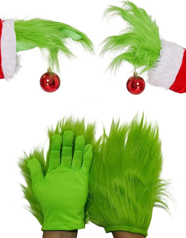 Christmas  Gloves Green Monster Costume Gloves, Christmas Funny Fuzzy Gloves Furry Santa Adult Men Women Decoration