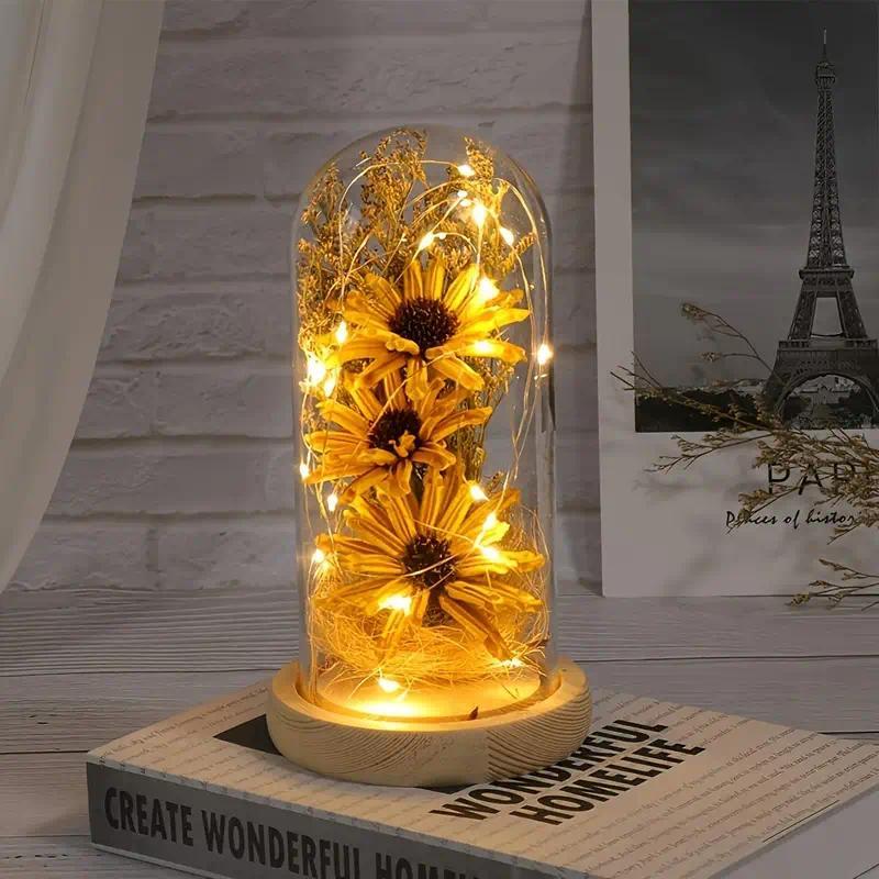 Sunflower Gifts for Women, Artificial Sunflowers in Glass Dome with LED Strip, Sunflower Decor on Mother's Day, Valentine's Day, Decorative Fruit