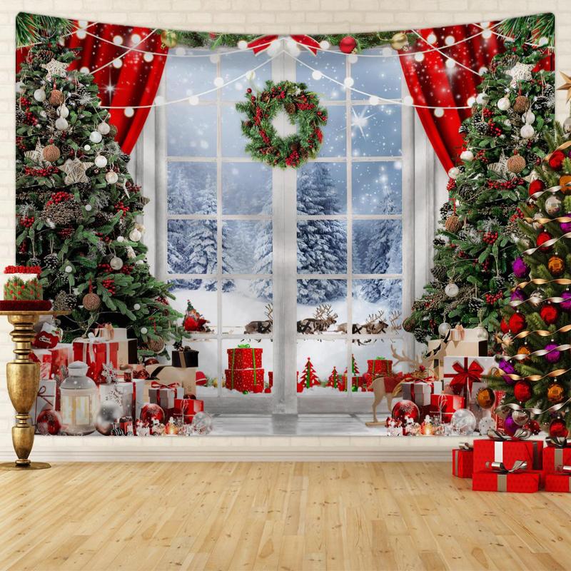 Christmas Tree Pattern Tapestry, 1 Count Winter Snow Scenery Tapestry, Happy New Year Photo Background Poster, Wall Hanging Decor for Home