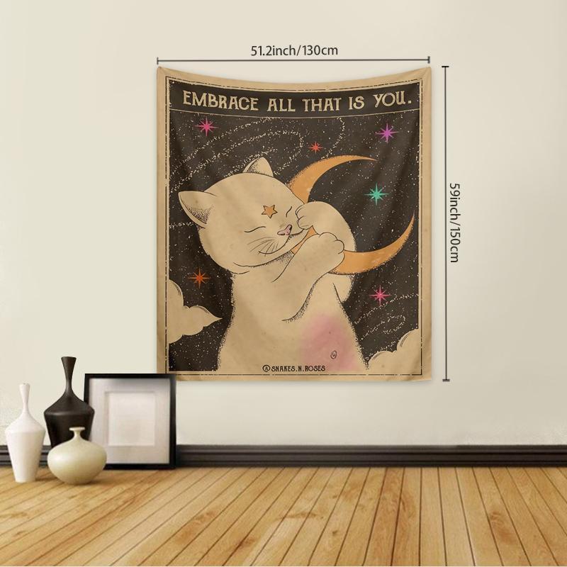 Cute Cartoon Cat Holding Moon Pattern Tapestry, 1 Count Colorful Wall Hanging Tapestry, Wall Art Decor for Home Living Room Bedroom