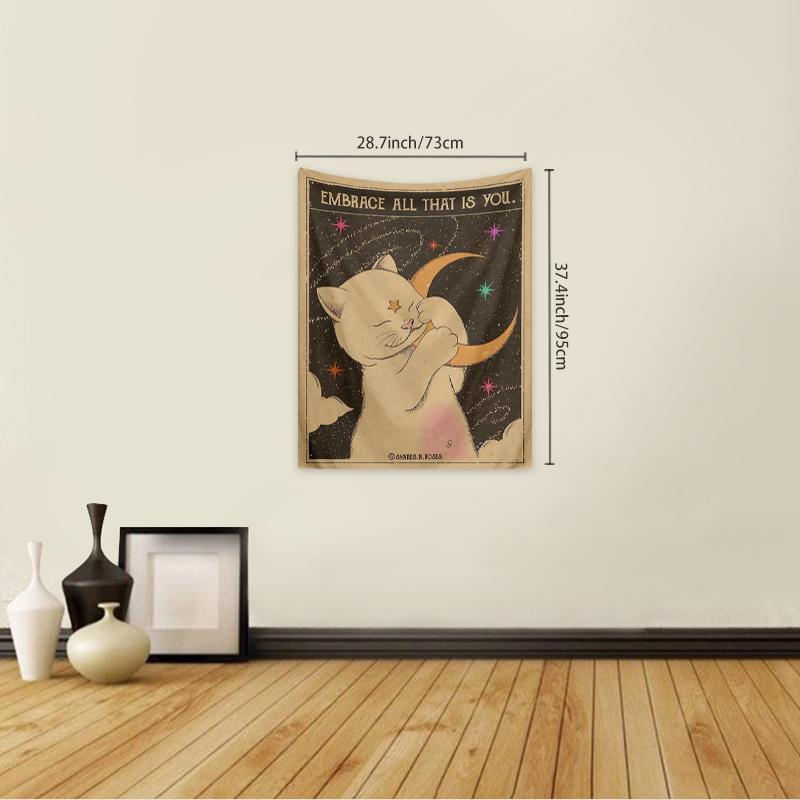 Cute Cartoon Cat Holding Moon Pattern Tapestry, 1 Count Colorful Wall Hanging Tapestry, Wall Art Decor for Home Living Room Bedroom