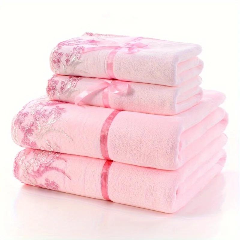 Super Absorbent Space Themed Towel Set - 100% Polyester, 2 Bath & 2 Hand Towels with Lace Embroidery - Modern Style, 350g ㎡