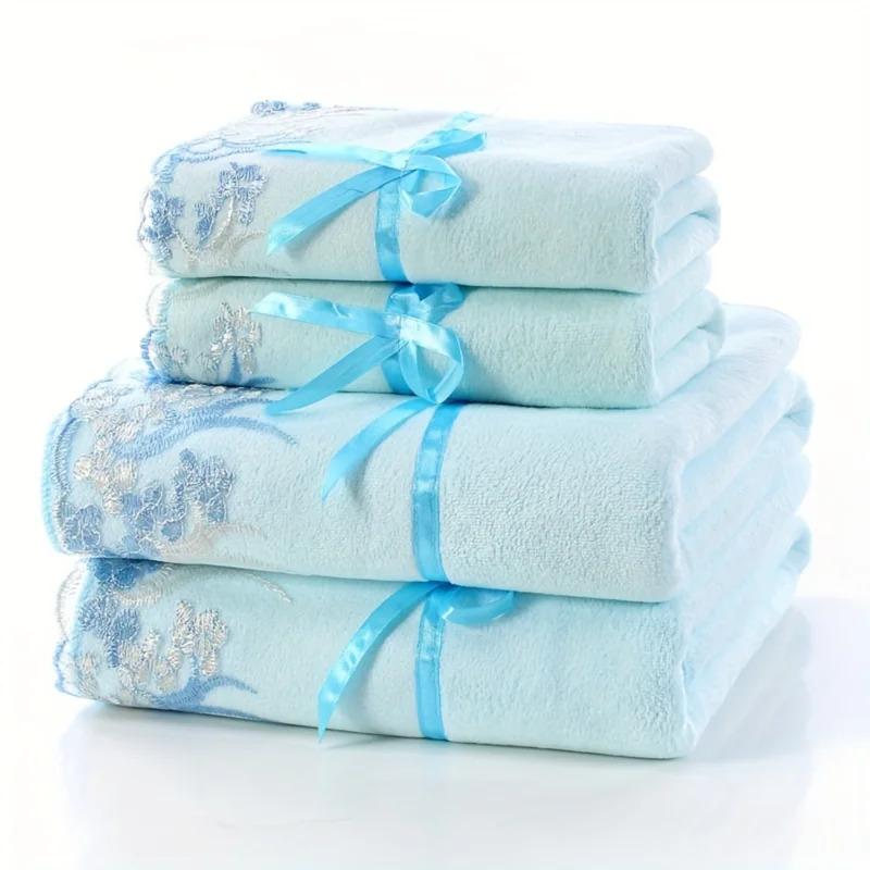 Super Absorbent Space Themed Towel Set - 100% Polyester, 2 Bath & 2 Hand Towels with Lace Embroidery - Modern Style, 350g ㎡