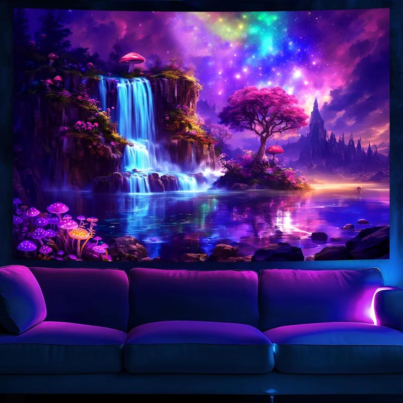 Fantasy Galaxy Waterfall Tapestry - Blacklight Wonderland Tree Mushroom UV Reactive Wall Tapestries Hanging for Bedroom & Living Room - 51