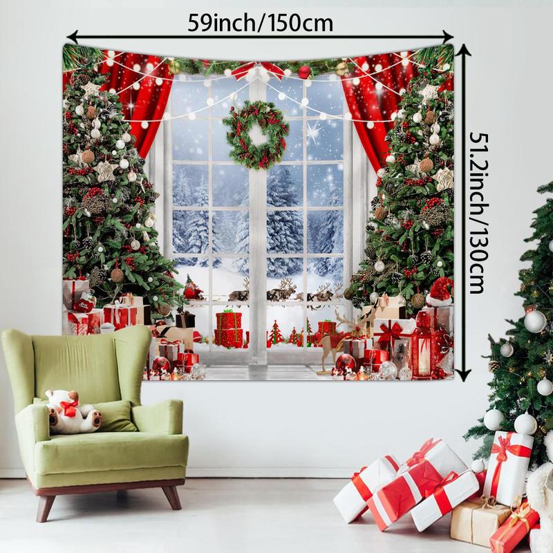 Christmas Tree Pattern Tapestry, 1 Count Winter Snow Scenery Tapestry, Happy New Year Photo Background Poster, Wall Hanging Decor for Home