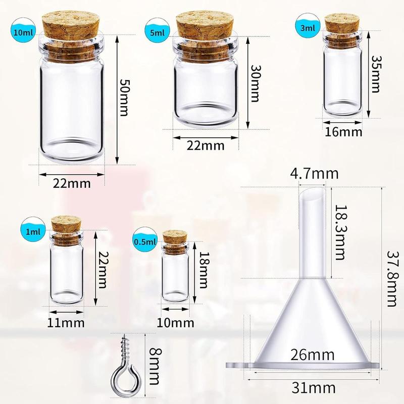 (Fragile items) 45countMini Glass Bottles, Storage Bottles with 50countEye Screws and 3countFunnels Clear Small Wishing Jars with Cork Stoppers Small Cork Glass Bottles for DIY Crafts Party Home (0.5ml, 1ml, 3ml, 5ml, 10 ml)